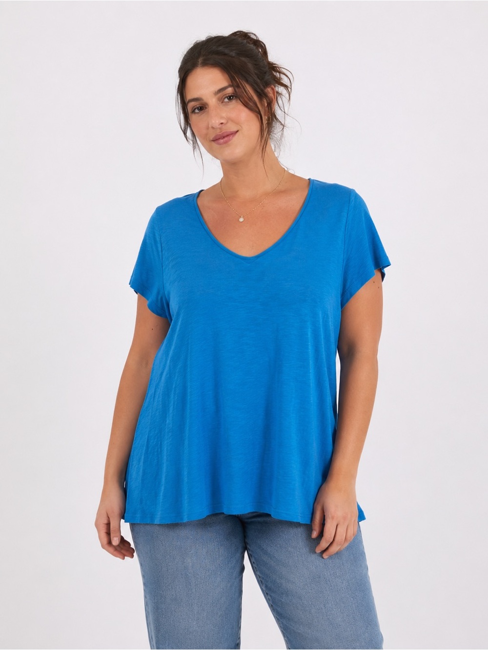 Eileen Fisher Organic Cotton Everyday V Neck Tee Bright Blue Short Sleeve Shirt